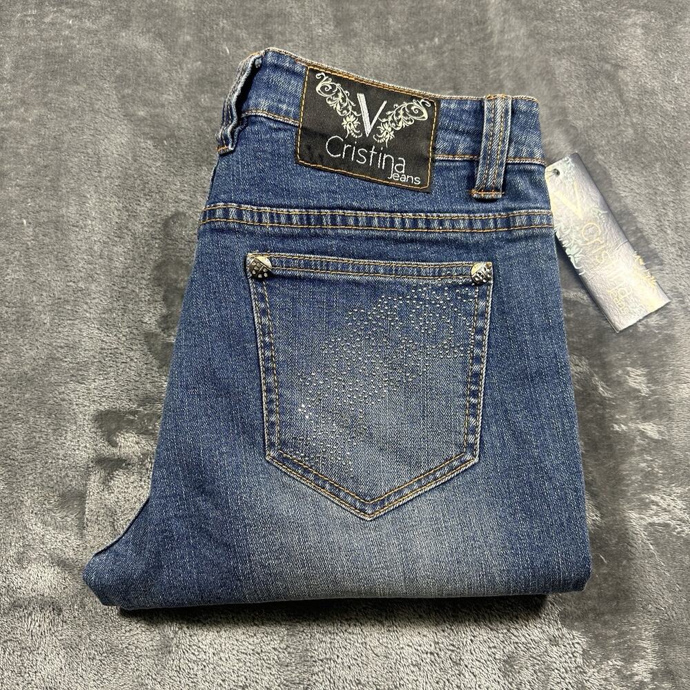 V. Christina Jeans Womens 4 Blue Mid-rise Straight Rhinestone‎ Embellished Denim